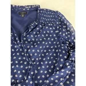 Talbots Petite Blue Floral Ruffle Neck Long Sleeve Blouse Top 5P